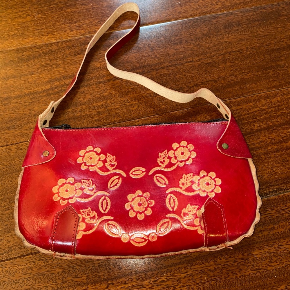 Red Leather Floral Etched Small Hobo Bag